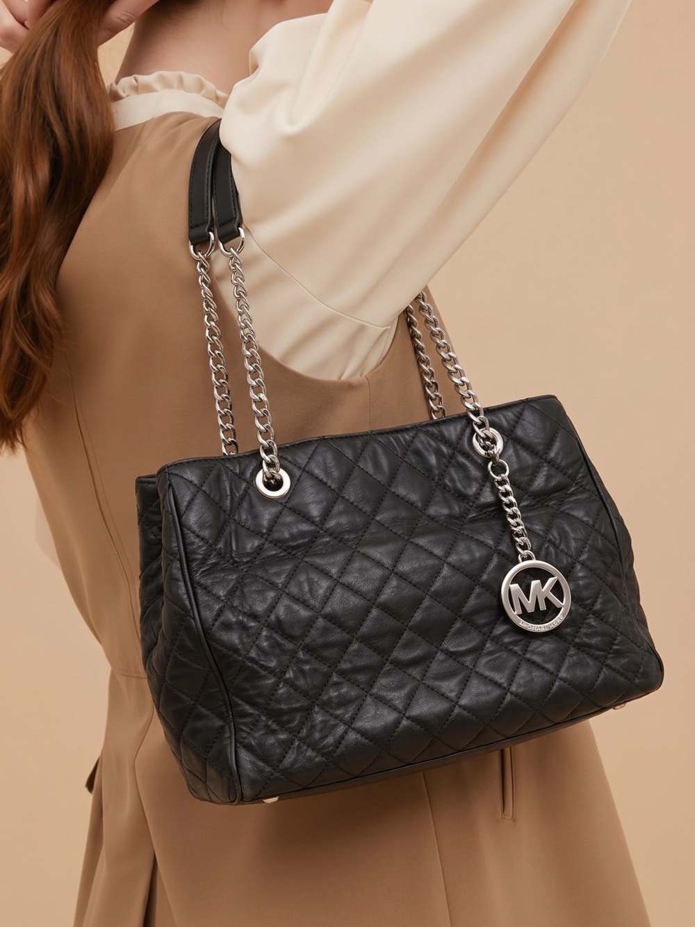 Michael Kors Black Quilted Leather Shoulder Bag with Silver Chain